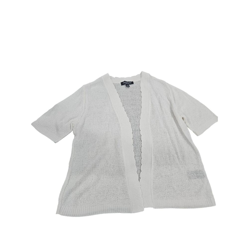 Perceptions New York Cardigan L White Open Knit Short Sleeve Lightweight USA
